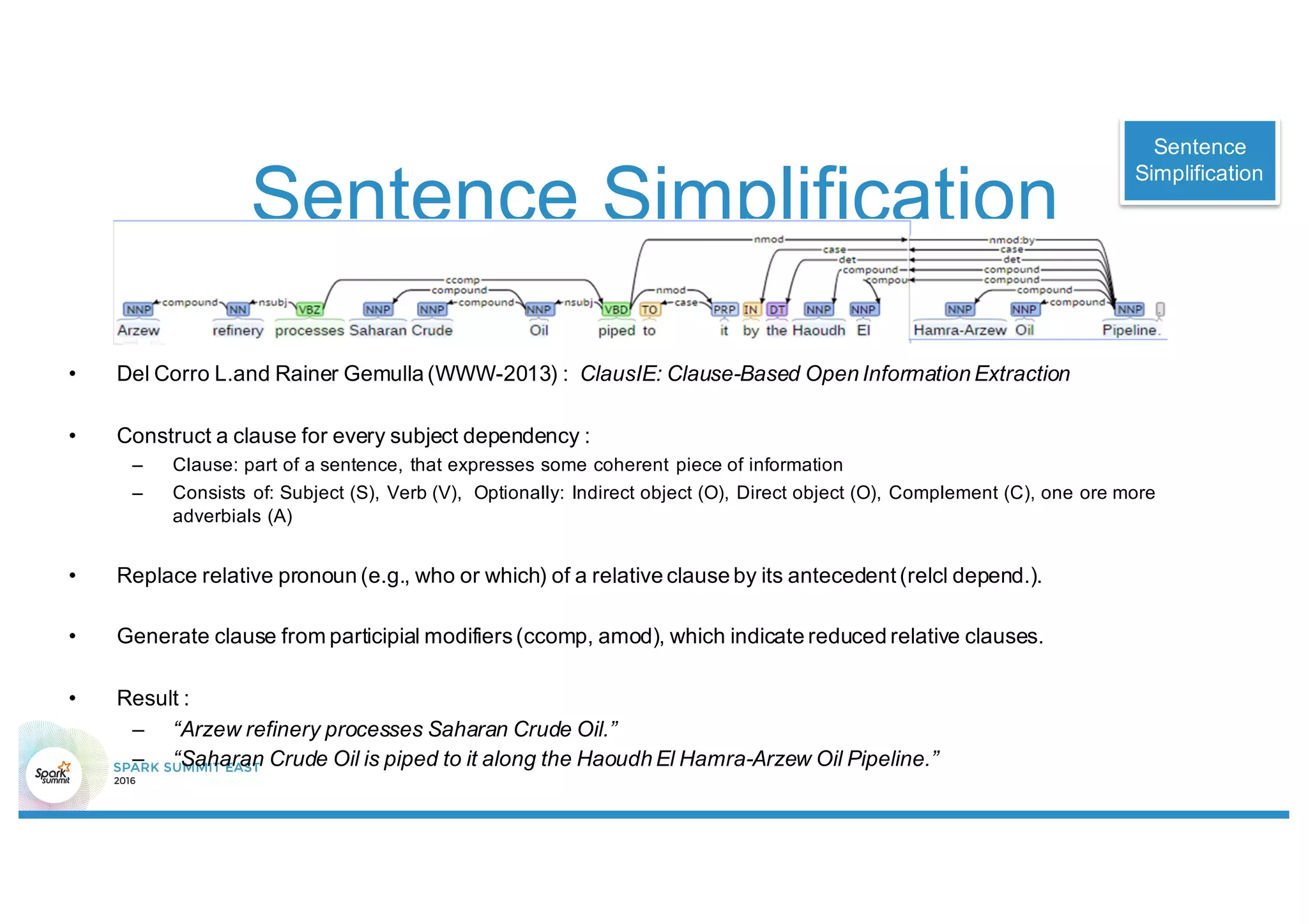 Sentence Simplification
• Del Corro L.and Rainer Gemulla (WWW-2013) : ClausIE: Clause-Based Open Information Extraction
• Construct a clause for every subject dependency :
– Clause: part of a sentence, that expresses some coherent piece of information
– Consists of: Subject (S), Verb (V), Optionally: Indirect object (O), Direct object (O), Complement (C), one ore more
adverbials (A)
• Replace relative pronoun (e.g., who or which) of a relative clause by its antecedent (relcl depend.).
• Generate clause from participial modifiers(ccomp, amod), which indicate reduced relative clauses.
• Result :
– “Arzew refinery processes Saharan Crude Oil.”
– “Saharan Crude Oil is piped to it along the Haoudh El Hamra-Arzew Oil Pipeline.”
Sentence
Simplification
 