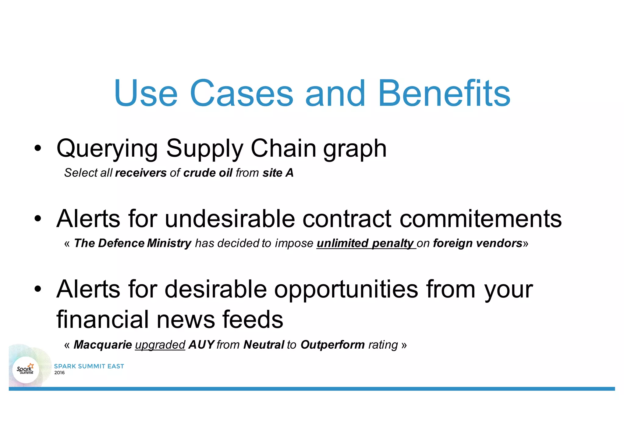 Use Cases and Benefits
• Querying Supply Chain graph
Select all receivers of crude oil from site A
• Alerts for undesirable contract commitements
« The Defence Ministry has decided to impose unlimited penalty on foreign vendors»
• Alerts for desirable opportunities from your
financial news feeds
« Macquarie upgraded AUY from Neutral to Outperform rating »
 