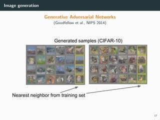 Image generation
Generative Adversarial Networks
(Goodfellow et al., NIPS 2014)
17
 