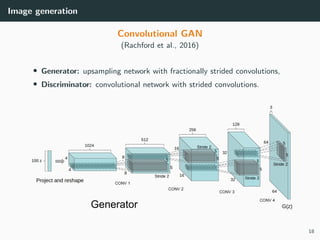 Image generation
Convolutional GAN
(Rachford et al., 2016)
• Generator: upsampling network with fractionally strided convolutions,
• Discriminator: convolutional network with strided convolutions.
18
 