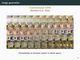 Image generation
Convolutional GAN
(Rachford et al., 2016)
Interpolation in between points in latent space.
20
 