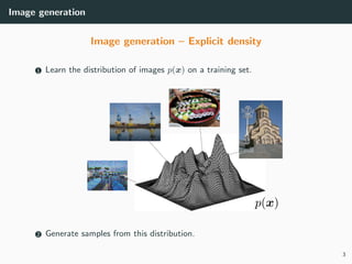 Image generation
Image generation – Explicit density
1 Learn the distribution of images p(x) on a training set.
2 Generate samples from this distribution.
3
 