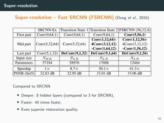 Super-resolution
Super-resolution – Fast SRCNN (FSRCNN) (Dong et al., 2016)
Compared to SRCNN
• Deeper: 8 hidden layers (compared to 3 for SRCNN),
• Faster: 40 times faster,
• Even superior restoration quality.
52
 