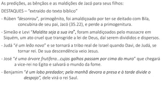 As predições, as bênçãos e as maldições de Jacó para seus filhos:
DESTAQUES – “extraído do texto bíblico”
- Rúben “desonrou”, primogênito, foi amaldiçoado por ter-se deitado com Bila,
concubina de seu pai, Jacó (35.22), e perde a primogenitura.
- Simeão e Levi “Maldita seja a sua ira”, foram amaldiçoados pelo massacre em
Siquém, um ato cruel que transgride a lei de Deus, daí serem divididos e dispersos.
- Judá “é um leão novo” e se tornará a tribo real de Israel quando Davi, de Judá, se
tornar rei. De sua descendência veio Jesus.
- José “é uma árvore frutífera...cujos galhos passam por cima do muro” que chegará
a vice-rei no Egito e salvará o mundo da fome.
- Benjamim “é um lobo predador; pela manhã devora a presa e à tarde divide o
despojo”, dele virá o rei Saul.
 