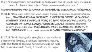 31.2,3 “E Jacó percebeu que a atitude de Labão para com ele já não era a mesma de
antes. E o Senhor disse a Jacó: "Volte para a terra de seus pais..."
RESPONSABILIDADE PARA SUPORTAR UM TRABALHO QUE DESAGRADA, ATÉ QUANDO
31.38-42 "Vinte anos estive com você...nunca levava...os animais despedaçados por
feras; EU MESMO ASSUMIA O PREJUÍZO. E VOCÊ PEDIA CONTAS...O CALOR ME
CONSUMIA DE DIA, E O FRIO, DE NOITE, E O SONO FUGIA DOS MEUS OLHOS. FOI
ASSIM NOS VINTE ANOS EM QUE FIQUEI EM SUA CASA. Trabalhei para você
catorze anos...e dez vezes VOCÊ ALTEROU O MEU SALÁRIO...Mas DEUS VIU O
MEU SOFRIMENTO e ...na noite passada, ELE MANIFESTOU A SUA DECISÃO".
31.17,18 “Então Jacó ajudou seus filhos e suas mulheres
a montar nos camelos, e conduziu todo o seu rebanho,
junto com todos os bens que havia acumulado em Padã-
Arã, para ir à terra de Canaã, à casa de seu pai Isaque.
 