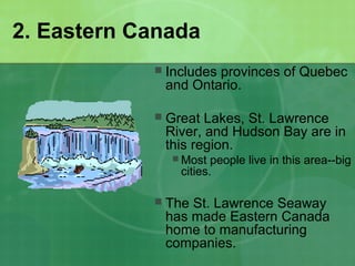 2. Eastern Canada
 Includes provinces of Quebec
and Ontario.
 Great Lakes, St. Lawrence
River, and Hudson Bay are in
this region.
 Most people live in this area--big
cities.
 The St. Lawrence Seaway
has made Eastern Canada
home to manufacturing
companies.
 