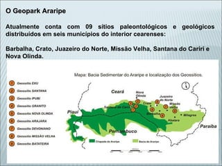 O Geopark Araripe Atualmente conta com 09 sítios paleontológicos e geológicos distribuídos em seis municípios do interior cearenses: Barbalha, Crato, Juazeiro do Norte, Missão Velha, Santana do Cariri e Nova Olinda. 