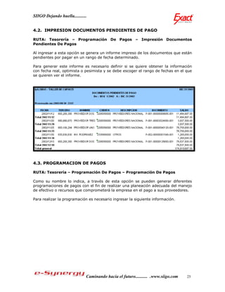SIIGO Dejando huella...........


4.2. IMPRESION DOCUMENTOS PENDIENTES DE PAGO

RUTA: Tesorería – Programación De Pagos – Impresión Documentos
Pendientes De Pagos

Al ingresar a esta opción se genera un informe impreso de los documentos que están
pendientes por pagar en un rango de fecha determinado.

Para generar este informe es necesario definir si se quiere obtener la información
con fecha real, optimista o pesimista y se debe escoger el rango de fechas en el que
se quieren ver el informe.




4.3. PROGRAMACION DE PAGOS

RUTA: Tesorería – Programación De Pagos – Programación De Pagos

Como su nombre lo indica, a través de esta opción se pueden generar diferentes
programaciones de pagos con el fin de realizar una planeación adecuada del manejo
de efectivo o recursos que comprometerá la empresa en el pago a sus proveedores.

Para realizar la programación es necesario ingresar la siguiente información.




                              Caminando hacia el futuro........... .www.siigo.com   25
 