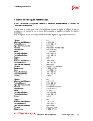 SIIGO Dejando huella...........




9. INGRESO DE CHEQUES POSFECHADOS

RUTA: Tesorería – Flujo De Efectivo – Cheques Posfechados – Entrada De
Cheques Posfechados

Para la para la captura de esta información es necesario digitar el código de banco,
en caso de no conocerlo con el icono de búsqueda se pueden consultar los bancos
existentes.
Para el ingreso de los cheques posfechados debe digitar la siguiente información:


Código                               :      037
Número del Cheque                    :      25850360
Fecha Cheque                         :      2002-12-10
Tipo de Documento                    :      Por Pagar
Tercero                              :      Proveedor Prueba Ltda.
Documento                            :      P-001- 87952
Valor                                :      $7.515.000
Fecha Optimista                      :      2002-12-15
Fecha Pesimista                      :      2002-12-25
Estado                               :      Activo
Código                               :      068
Número del Cheque                    :      79882655
Fecha Cheque                         :      2002-12-22
Tipo de Documento                    :      Por Pagar
Tercero                              :      Textiles Cortes Ltda.
Documento                            :      P-001-10248
Valor                                :      $24.789.140
Fecha Optimista                      :      2003-01-21
Fecha Pesimista                      :      2003-02-05
Estado                               :      Activo

Código                               :      001
Número del Cheque                    :      85295135
Fecha Cheque                         :      2002-12-05
Tipo de Documento                    :      Por Cobrar
Tercero                              :      Cliente Prueba Ltda.
Documento                            :      F-001-87467
Valor                                :      $4.570.125
Fecha Optimista                      :      2003-01-04
Fecha Pesimista                      :      2002-01-18
Estado                               :      Activo

Código                               :      001
Número del Cheque                    :      15975345
Fecha Cheque                         :      2002-12-12
Tipo de Documento                    :      Por Cobrar
Tercero                              :      Carrefun Ltda.
Documento                            :      F-001-87465


                              Caminando hacia el futuro........... .www.siigo.com   53
 