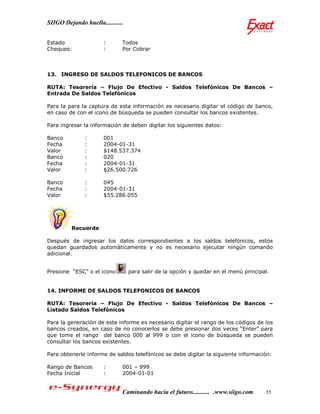 SIIGO Dejando huella...........


Estado                 :      Todos
Cheques:               :      Por Cobrar



13. INGRESO DE SALDOS TELEFONICOS DE BANCOS

RUTA: Tesorería – Flujo De Efectivo - Saldos Telefónicos De Bancos –
Entrada De Saldos Telefónicos

Para la para la captura de esta información es necesario digitar el código de banco,
en caso de con el icono de búsqueda se pueden consultar los bancos existentes.

Para ingresar la información de deben digitar los siguientes datos:

Banco          :       001
Fecha          :       2004-01-31
Valor          :       $148.537.374
Banco          :       020
Fecha          :       2004-01-31
Valor          :       $26.500.726

Banco          :       045
Fecha          :       2004-01-31
Valor          :       $55.286.055




         Recuerde

Después de ingresar los datos correspondientes a los saldos telefónicos, estos
quedan guardados automáticamente y no es necesario ejecutar ningún comando
adicional.


Presione “ESC” o el icono         para salir de la opción y quedar en el menú principal.


14. INFORME DE SALDOS TELEFONICOS DE BANCOS

RUTA: Tesorería – Flujo De Efectivo - Saldos Telefónicos De Bancos –
Listado Saldos Telefónicos

Para la generación de este informe es necesario digitar el rango de los códigos de los
bancos creados, en caso de no conocerlos se debe presionar dos veces “Enter” para
que tome el rango del banco 000 al 999 o con el icono de búsqueda se pueden
consultar los bancos existentes.

Para obtenerle informe de saldos telefónicos se debe digitar la siguiente información:

Rango de Bancos        :      001 – 999
Fecha Inicial          :      2004-01-01


                              Caminando hacia el futuro........... .www.siigo.com     55
 