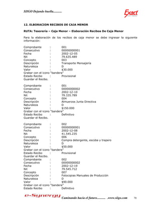 SIIGO Dejando huella...........



12. ELBORACION RECIBOS DE CAJA MENOR

RUTA: Tesorería – Caja Menor – Elaboración Recibos De Caja Menor

Para la elaboración de los recibos de caja menor se debe ingresar la siguiente
información:

Comprobante        :        001
Consecutivo        :        00000000001
Fecha              :        2002-12-05
Nit                :        79.635.489
Concepto           :        003
Descripción        :        Transporte Mensajería
Naturaleza         :        D
Valor              :        $30.000
Grabar con el icono “bandera”
Estado Recibo      :        Provisional
Guardar el Recibo.

Comprobante        :        001
Consecutivo        :        00000000002
Fecha              :        2002-12-10
Nit                :        79.335.789
Concepto           :        004
Descripción        :        Almuerzos Junta Directiva
Naturaleza         :        D
Valor              :        $150.000
Grabar con el icono “bandera”
Estado Recibo      :        Definitivo
Guardar el Recibo.

Comprobante        :        002
Consecutivo        :        00000000001
Fecha              :        2002-12-08
Nit                :        41.545.235
Concepto           :        006
Descripción        :        Compra detergente, escoba y trapero
Naturaleza         :        D
Valor              :        $50.000
Grabar con el icono “bandera”
Estado Recibo      :        Provisional
Guardar el Recibo.
Comprobante        :        002
Consecutivo        :        00000000002
Fecha              :        2002-12-19
Nit                :        79.545.712
Concepto           :        007
Descripción        :        Fotocopias Manuales de Producción
Naturaleza         :        D
Valor              :        $90.000
Grabar con el icono “bandera”
Estado Recibo      :        Definitivo


                              Caminando hacia el futuro........... .www.siigo.com   70
 