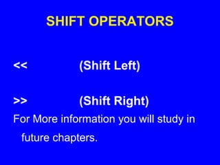 SHIFT OPERATORS
<< (Shift Left)
>> (Shift Right)
For More information you will study in
future chapters.
 