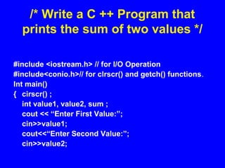 /* Write a C ++ Program that
prints the sum of two values */
#include <iostream.h> // for I/O Operation
#include<conio.h>// for clrscr() and getch() functions.
Int main()
{ cirscr() ;
int value1, value2, sum ;
cout << “Enter First Value:”;
cin>>value1;
cout<<“Enter Second Value:”;
cin>>value2;
 