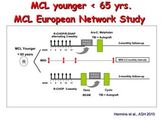 MCL Younger < 65 years Dexa BEAM Cyclo TBI + Autograft P B S C harvest Ara-C, Melphalan TBI + Autograft 3-monthly follow-up 1 9 5 13 17   week R-CHOP/R-DHAP alternating 3-weekly 1 9 5 13 17   week R-CHOP  3-weekly 3-monthly follow-up P B S C harvest MRD MRD 2-3 monthly intervals MCL younger < 65 yrs. MCL European Network Study  Hermine et al., ASH 2010 R 