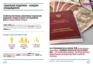 На сегодняшний день в Москве 54 категории
граждан, имеющих право на льготы по оплате
ЖКУ, – это значительно больше, чем предусмотрено
федеральным законодательством и в других
регионах.
Социальная поддержка – каждому
нуждающемуся
Правительство Москвы обеспечивает социальную
поддержку граждан и делает все возможное
для достойной жизни горожан.
В 2011–2012 годах город ежегодно дополнительно оказывал адресную
социальную поддержку по оплате ЖКУ примерно 3,6 млн человек (граж-
данам льготных категорий и членам их семей). И продолжает эту поддержку
в 2013 году.
Из общего числа льготников сегодня:
1,11 млн
ветеранов
труда
>64 тыс.
многодетных
семей
1,08 млн
инвалидов
На предоставление льгот из городского бюджета в 2011 году направлено
11,3 млрд рублей, в 2012-м – 12,4 млрд рублей, в 2013 году –
14,1 млрд рублей.
МОСКВА – город, удобный для жизни
45
БЛАГОУСТРОЕННЫЙ
ГОРОД
44
 