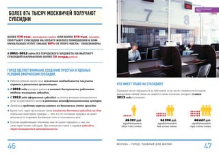 зарабатывают
три члена семьи
Кто имеет право на субсидию?
Граждане могут обращаться за субсидией, если после сложения источников
дохода всех членов семьи он окажется ниже значения, которое с 1 июля
2013 года составляет:
60 227 руб.26 397 руб.
зарабатывает
один член семьи
зарабатывают
два члена семьи
42 590 руб.
Более 874 тысяч москвичей получают
субсидии
Более 570 тыс. московских семей, или более 874 тыс. человек,
получают субсидии на оплату жилого помещения и ком-
мунальных услуг. свыше 80% от этого числа – пенсионеры.
В 2011–2012 годах из городского бюджета на выплату
субсидий направлено более 16 млрд рублей.
Город уделяет внимание созданию простых и удобных
условий оформления субсидий.
■■ Работа в режиме одного окна исключила необходимость получать
справки в различных организациях.
■■ С 2011 года в каждом районе в шаговой доступности работают
отделы жилищных субсидий.
■■ С 2012 года оформление субсидий на оплату жилищно-коммунальных
услуг осуществляется также в районных многофункциональных центрах.
■■ Денежные средства перечисляются на банковские счета граждан.
■■ Кроме того, через организации связи налажена доставка субсидий на дом
отдельным категориям граждан — тем, кто по состоянию здоровья не имеет
возможности открывать банковские счета и пользоваться ими.
■■ Если вы неработающий пенсионер, вам не нужно приходить к нам, мы
сами пересчитаем субсидию. При изменении ставок и тарифов субсидии
пересчитываются автоматически.
МОСКВА – город, удобный для жизни
47
БЛАГОУСТРОЕННЫЙ
ГОРОД
46
 