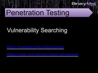 https://nodesecurity.io/advisories
https://web.nvd.nist.gov/view/vuln/search
Vulnerability Searching
Penetration Testing
 