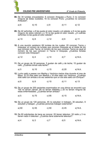 COLEGIO PRE UNIVERSITARIO 6to
Grado de Primaria
08. De 34 turistas encuestados: 6 conocen Arequipa y Puno; 2 no conocen
ninguna de éstas ciudades; 16 no conocen Puno. ¿Cuántos no conocen
Arequipa?.
a) 8 b) 10 c) 9 d) 11 e) 12
09. De 42 señoritas: a 8 les gusta el color rosado y el celeste; a 6 no les gusta
ninguno de estos colores y a 18 no les gusta el color rosado. ¿A cuántas
señoritas no les gusta el color celeste?
a) 10 b) 8 c) 12 d) 9 e) 11
10. A una reunión asistieron 68 turistas de los cuales: 20 conocen Tacna y
Arequipa; el número de turistas que conocen Arequipa es el doble de los
que conocen sólo Tacna; el número de los que conocen Tacna es igual al
número de los que conocen ni Tacna ni Arequipa. ¿Cuántos turistas
conocen sólo Arequipa?.
a) 12 b) 4 c) 14 d) 7 e) N.A.
11. De un grupo de 30 personas, 5 gustan de café y de leche; 15 gustan de
café. ¿Cuántos toman sólo leche?
a) 5 b) 10 c) 15 d) 20 e) N.A.
12. Lucho salió a pasear con Martha y Verónica ciertos días durante el mes de
Mayo. Si 23 días salio con Martha y 16 días salio con Verónica. ¿Cuántos
días salió con ambas a la vez sabiendo que un día solo salió con Enrique?
a) 8 b) 9 c) 10 d) 11 e) 13
13. De un grupo de 200 pacientes examinados en una clinica se encontró que
100 no tenían cáncer; 80 no tenían diabetes y 25 no tenían ninguna de
estas enfermedades. ¿Cuántas tenían ambas?
a) 5 b) 75 c) 95 d) 15 e) N.A.
14. De un grupo de 120 personas, 45 no estudian ni trabajan, 30 estudian, 9
estudian y trabajan. ¿Cuántas personas trabajan solamente?
a) 60 b) 55 c) 50 d) 45 e) N.A.
15. De 60 solicitantes de beca se conoce: 20 tienen televisor, 52 radio y 3 no
tienen radio ni televisor. ¿Cuántos tiene solamente televisor?
a) 4 b) 3 c) 7 d) 5 e) N.A.
Aritmética 64
 