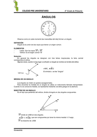 COLEGIO PRE UNIVERSITARIO 6to
Grado de Primaria
ÁNGULOS
Observa como en cada momento las manecillas del reloj forman un ángulo.
DEFINICIÓN
Ángulo es la unión de dos rayos que tienen un origen común.
ELEMENTOS
- Lados: Son los rayos y
- Vértice: Es el origen común “B”
Notación:
En general los ángulos se designan con tres letras mayúsculas; la letra central
corresponde al vértice.
Algunas veces, cuando no hay lugar a confusión un ángulo se nombra con la letra del vértice.
∢ABC, CBA
∧
El símbolo ∢ se lee “ángulo”
MEDIDA DE UN ÁNGULO
Los ángulos se miden en grados sexagesimales.
Para encontrar la medida de un ángulo se utiliza un instrumento llamado transportador.
Cuando no se conoce la medida, se representa mediante una letra griega en la abertura.
BISECTRIZ DE UN ÁNGULO
Es el rayo que partiendo del vértice, divide al ángulo en dos ángulos congruentes.
divide al ∢A0B en dos ángulos.
P0A
∧
y B0P
∧
que son congruentes por tener la misma medida “α” luego.
es bisectriz de ∢A0B
Geometría
 