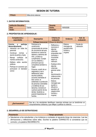 __________________________________________________________________________________________
________________________________________6° Mayo/31_____________________________________
SESION DE TUTORIA
TITULO: Mitos de la violencia
1. DATOS INFORMATIVOS:
Institución Educativa: Docente:
Área: Tutoría Fecha: 16/05/2026
Grado: Duración:
2. PROPÓSITOS DE APRENDIZAJE:
Competencias y
capacidades
Desempeños
Criterios de
evaluación
Evidencia
Instr. de
evaluación
Enfoque transversal: Enfoque de derechos
Convive y participa
democráticamente.
- Interactúa con todas las
personas
- Construye normas y
asume acuerdos y leyes.
- Maneja conflictos de
manera constructiva.
- Delibera sobre asuntos
públicos.
- Participa en acciones que
promueven el bienestar
común
- Participa en la
construcción
consensuada de normas
de convivencia del aula,
teniendo en cuenta los
deberes y derechos del
niño, y evalúa su
cumplimiento. Cumple
con sus deberes y
promueve que sus
compañeros también lo
hagan.
- Propone, a partir de un
diagnóstico y de la
deliberación sobre
asuntos públicos,
acciones orientadas al
bien común, la
solidaridad, la protección
de personas vulnerables
y la defensa de sus
derechos, tomando en
cuenta la opinión de los
demás. Sustenta su
posición basándose en
fuentes.
- Reflexiona y
reconoce si
algunas
creencias
propuestas eran
correctas o
incorrectas
según su
intención.
- Explique cómo
algunas
creencias
generan actos
de
discriminación o
violencia entre
las personas.
- Elabora
mensajes que
ayuden a
difundir la
equidad y el
respeto entre
hombre y
mujeres.
Elabora
mensajes de
equidad entre
hombre y
mujeres
Escala de
valoración
¿Qué buscamos?
Que las y los estudiantes identifiquen creencias erróneas que se transforman en
comportamientos cotidianos y que reflejan o justifican la violencia
2. DESARROLLO DE ESTRATEGIAS:
Presentación Tiempo aproximado:
 Saludamos a los estudiantes y los invitamos a contestar el siguiente bingo de creencias. Lee las
afirmaciones y reflexiones sobre ellas. Escribe la palabra CORRECTO si consideras que es
correcto; y la palabra INCORRECTO.
 
