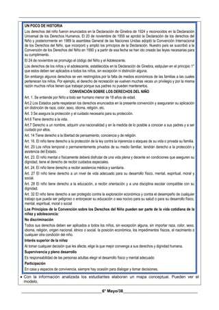 __________________________________________________________________________________________
________________________________________6° Mayo/38_____________________________________
UN POCO DE HISTORIA
Los derechos del niño fueron enunciados en la Declaración de Ginebra de 1924 y reconocidos en la Declaración
Universal de los Derechos Humanos. El 20 de noviembre de 1959 se aprobó la Declaración de los derechos del
Niño y posteriormente en 1989 la asamblea General de las Naciones Unidas adoptó la Convención Internacional
de los Derechos del Niño, que incorporó y amplió los principios de la Declaración. Nuestro país se suscribió a la
Convención de los Derechos del Niño en 1990 y a partir de esa fecha se han ido creado las leyes necesarias para
su cumplimiento.
El 24 de noviembre se promulgo el código del Niño y el Adolescente.
Los derechos de los niños y el adolescente, establecidos en la Declaración de Ginebra, estipulan en el principio 1°
que estos deben ser aplicados a todos los niños, sin excepción ni distinción alguna.
Sin embargo algunos derechos se ven restringidos por la falta de medios económicos de las familias a las cuales
pertenecen los niños. Por ejemplo, el derecho de recreación se vuelven muchas veces un privilegio y por la misma
razón muchos niños tienen que trabajar porque sus padres no pueden mantenerlos.
CONVENCIÓN SOBRE LOS DERECHOS DEL NIÑO
Art. 1. Se entiende por Niño a todo ser humano menor de 18 años de edad.
Art.2 Los Estados parte respetaran los derechos enunciados en la presente convención y aseguraran su aplicación
sin distinción de raza, color, sexo, idioma, religión, etc.
Art. 3 Se asegura la protección y el cuidado necesario para su protección.
Art.6 Tiene derecho a la vida.
Art.7 Derecho a un nombre, adquirir una nacionalidad y en la medida de lo posible a conocer a sus padres y a ser
cuidado por ellos.
Art. 14 Tiene derecho a la libertad de pensamiento, conciencia y de religión.
Art. 16. El niño tiene derecho a la protección de la ley contra la injerencia o ataques de su vida o privada su familia.
Art. 20 Los niños temporal o permanentemente privados de su medio familiar, tendrán derecho a la protección y
asistencia del Estado.
Art. 23. El niño mental o físicamente deberá disfrutar de una vida plena y decente en condiciones que aseguren su
dignidad, tiene el derecho de recibir cuidados especiales.
Art. 24. El niño tiene derecho a recibir asistencia médica y sanitaria.
Art. 27 El niño tiene derecho a un nivel de vida adecuado para su desarrollo físico, mental, espiritual, moral y
social.
Art. 28 El niño tiene derecho a la educación, a recibir orientación y a una disciplina escolar compatible con su
dignidad.
Art. 32 El niño tiene derecho a ser protegido contra la exploración económica y contra el desempeño de cualquier
trabajo que pueda ser peligroso o entorpecer su educación o sea nocivo para su salud o para su desarrollo físico,
mental, espiritual, moral o social
Los Principios de la Convención sobre los Derechos del Niño pueden ser parte de la vida cotidiana de la
niñez y adolescencia:
No discriminación
Todos sus derechos deben ser aplicados a todos los niños, sin excepción alguna, sin importar raza, color, sexo,
idioma, religión, origen nacional, étnico o social, la posición económica, los impedimentos físicos, el nacimiento o
cualquier otra condición del niño.
Interés superior de la niñez
Al tomar cualquier decisión que les afecte, elige la que mejor convenga a sus derechos y dignidad humana.
Supervivencia y pleno desarrollo
Es responsabilidad de las personas adultas elegir el desarrollo físico y mental adecuado
Participación
En casa y espacios de convivencia, siempre hay ocasión para dialogar y tomar decisiones.
 Con la información analizada los estudiantes elaboran un mapa conceptual. Pueden ver el
modelo.
 