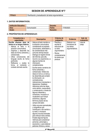 __________________________________________________________________________________________
________________________________________6° Mayo/42_____________________________________
SESION DE APRENDIZAJE N°7
TITULO: Planificación y textualización de textos argumentativos
1. DATOS INFORMATIVOS:
Institución Educativa: Docente:
Área: Comunicación Fecha: 17/05/2023
Grado: Duración:
2. PROPÓSITOS DE APRENDIZAJE:
Competencias y
capacidades
Desempeños
Criterios de
evaluación
Evidencia
Instr. de
evaluación
Escribe diversos tipos de
textos en su lengua materna.
- Adecúa el texto a la
situación comunicativa.
- Organiza y desarrolla las
ideas de forma coherente y
cohesionada.
- Utiliza convenciones del
lenguaje escrito de forma
pertinente.
- Reflexiona y evalúa la
forma, el contenido y
contexto del texto escrito.
- Adecua el texto narrativo a
la situación comunicativa
considerando el propósito
comunicativo, destinatario y
las características más
comunes del tipo textual.
Distingue el registro formal
del informal; para ello,
recurre a su experiencia y a
algunas fuentes de
información
complementaria.
- Escribe textos narrativos de
forma coherente y
cohesionada. Ordena las
ideas en torno a un tema y
las desarrolla para ampliar
la información, sin
contradicciones,
reiteraciones innecesarias o
digresiones. Establece
relaciones entre las ideas,
como adición, causa-efecto
y consecuencia, a través de
algunos referentes y
conectores. Incorpora un
vocabulario que incluye
sinónimos y algunos
términos propios de los
campos del saber.
- Utiliza recursos gramaticales
y ortográficos que
contribuyen a dar sentido a
su texto, e incorpora
algunos recursos textuales
para reforzar dicho sentido.
Emplea algunas figuras
retóricas para caracterizar
personas, personajes y
escenarios, o para elaborar
patrones rítmicos y versos
- Planifica y
escribe la
estructura de
su texto
argumentativo
- Revisa
constantemente
los textos que
produce.
Elaboran sus
borradores de
sus textos
argumentativos.
Lista de
cotejo
 