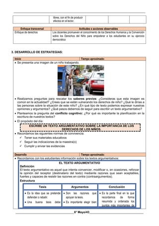 __________________________________________________________________________________________
________________________________________6° Mayo/43_____________________________________
libres, con el fin de producir
efectos en el lector.
Enfoque transversal Actitudes o acciones observables
Enfoque de derechos Los docentes promueven el conocimiento de los Derechos Humanos y la Convención
sobre los Derechos del Niño para empoderar a los estudiantes en su ejercicio
democrático
3. DESARROLLO DE ESTRATEGIAS:
Inicio Tiempo aproximado:
 Se presenta una imagen de un niño trabajando.
 Realizamos preguntas para rescatar los saberes previos: ¿Consideras que esta imagen es
común en la actualidad? ¿Crees que se están vulnerando los derechos de niño? ¿Qué le dirías a
las personas sobre la situación de este niño? ¿En qué tipo de texto podemos expresar nuestras
opiniones y argumentos? ¿Qué pasos debemos de seguir para escribir un texto argumentativo?
 Planteamos la pregunta del conflicto cognitivo: ¿Por qué es importante la planificación en la
escritura de nuestros textos?
 El propósito del día:
ESCRIBE UN TEXTO ARGUMENTATIVO SOBRE LA IMPORTANCIA DE LOS
DERECHOS DE LOS NIÑOS.
 Recordamos las siguientes normas de convivencia:
 Tener sus materiales educativos
 Seguir las indicaciones de la maestra(o)
 Cumplir y enviar las evidencias
Desarrollo Tiempo aproximado:
 Recordamos con los estudiantes información sobre los textos argumentativos:
EL TEXTO ARGUMENTATIVO
Definición
El texto argumentativo es aquel que intenta convencer, modificar o, en ocasiones, reforzar
la opinión del receptor (destinatario del texto) mediante razones que sean aceptables,
fuertes y capaces de resistir las razones en contra (contraargumentos).
Estructura
Tesis Argumentos Conclusión
 Es la idea que se pretende
defender o rebatir.
 Una buena tesis debe
 Son las razones que
apoyan la tesis.
 Es importante elegir bien
 Es la parte final en la que
recordamos de forma
resumida y ordenada los
puntos más importantes de
 