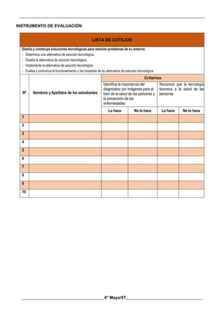 __________________________________________________________________________________________
________________________________________6° Mayo/57_____________________________________
INSTRUMENTO DE EVALUACIÓN
LISTA DE COTEJOS
Diseña y construye soluciones tecnológicas para resolver problemas de su entorno.
- Determina una alternativa de solución tecnológica.
- Diseña la alternativa de solución tecnológica.
- Implementa la alternativa de solución tecnológica.
- Evalúa y comunica el funcionamiento y los impactos de su alternativa de solución tecnológica
Nº Nombres y Apellidos de los estudiantes
Criterios
Identifica la importancia del
diagnóstico por imágenes para el
bien de la salud de las personas y
la prevención de las
enfermedades
Reconoce que la tecnología
favorece a la salud de las
personas
Lo hace No lo hace Lo hace No lo hace
1
2
3
4
5
6
7
8
9
10
 