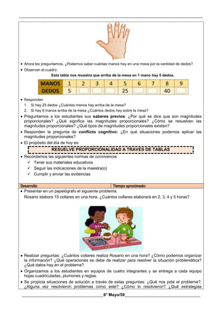 __________________________________________________________________________________________
________________________________________6° Mayo/59_____________________________________
 Ahora les preguntamos, ¿Podemos saber cuántas manos hay en una mesa por la cantidad de dedos?
 Observan el cuadro:
Esta tabla nos muestra que arriba de la mesa en 1 mano hay 5 dedos.
 Responden
1. Si hay 25 dedos ¿Cuántas menos hay arriba de la mesa?
2. Si hay 8 manos arriba de la mesa ¿Cuántos dedos hay sobre la mesa?
 Preguntamos a los estudiantes sus saberes previos: ¿Por qué se dice que son magnitudes
proporcionales? ¿Qué significa las magnitudes proporcionales? ¿Cómo se resuelven las
magnitudes proporcionales? ¿Qué tipos de magnitudes proporcionales existen?
 Responden la pregunta de conflicto cognitivo: ¿En qué situaciones podemos aplicar las
magnitudes proporcionales?
 El propósito del día de hoy es:
RESUELVE PROPORCIONALIDAD A TRAVES DE TABLAS
 Recordamos las siguientes normas de convivencia:
 Tener sus materiales educativos
 Seguir las indicaciones de la maestra(o)
 Cumplir y enviar las evidencias
Desarrollo Tiempo aproximado:
 Presentar en un papelógrafo el siguiente problema:
Rosario elabora 15 collares en una hora. ¿Cuántos collares elaborará en 2, 3, 4 y 5 horas?
 Realizar preguntas: ¿Cuántos collares realiza Rosario en una hora? ¿Cómo podemos organizar
la información? ¿Qué operaciones se debe de realizar para resolver la situación problemática?
¿Qué datos hay en el problema?
 Organizamos a los estudiantes en equipos de cuatro integrantes y se entrega a cada equipo
hojas cuadriculadas, plumones y reglas.
 Se propicia situaciones de solución a través de estas preguntas: ¿Qué nos pide el problema?,
¿Alguna vez resolvieron problemas como este? ¿Cómo lo resolvieron? ¿Qué estrategias
 