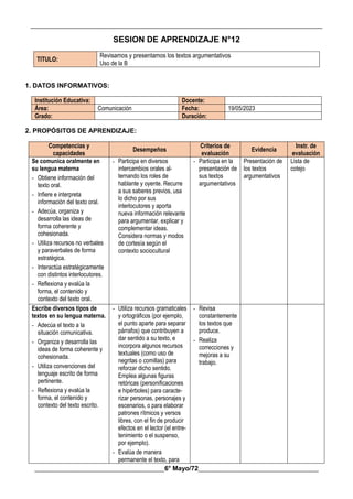 __________________________________________________________________________________________
________________________________________6° Mayo/72_____________________________________
SESION DE APRENDIZAJE N°12
TITULO:
Revisamos y presentamos los textos argumentativos
Uso de la B
1. DATOS INFORMATIVOS:
Institución Educativa: Docente:
Área: Comunicación Fecha: 19/05/2023
Grado: Duración:
2. PROPÓSITOS DE APRENDIZAJE:
Competencias y
capacidades
Desempeños
Criterios de
evaluación
Evidencia
Instr. de
evaluación
Se comunica oralmente en
su lengua materna
- Obtiene información del
texto oral.
- Infiere e interpreta
información del texto oral.
- Adecúa, organiza y
desarrolla las ideas de
forma coherente y
cohesionada.
- Utiliza recursos no verbales
y paraverbales de forma
estratégica.
- Interactúa estratégicamente
con distintos interlocutores.
- Reflexiona y evalúa la
forma, el contenido y
contexto del texto oral.
- Participa en diversos
intercambios orales al-
ternando los roles de
hablante y oyente. Recurre
a sus saberes previos, usa
lo dicho por sus
interlocutores y aporta
nueva información relevante
para argumentar, explicar y
complementar ideas.
Considera normas y modos
de cortesía según el
contexto sociocultural
- Participa en la
presentación de
sus textos
argumentativos
Presentación de
los textos
argumentativos
Lista de
cotejo
Escribe diversos tipos de
textos en su lengua materna.
- Adecúa el texto a la
situación comunicativa.
- Organiza y desarrolla las
ideas de forma coherente y
cohesionada.
- Utiliza convenciones del
lenguaje escrito de forma
pertinente.
- Reflexiona y evalúa la
forma, el contenido y
contexto del texto escrito.
- Utiliza recursos gramaticales
y ortográficos (por ejemplo,
el punto aparte para separar
párrafos) que contribuyen a
dar sentido a su texto, e
incorpora algunos recursos
textuales (como uso de
negritas o comillas) para
reforzar dicho sentido.
Emplea algunas figuras
retóricas (personificaciones
e hipérboles) para caracte-
rizar personas, personajes y
escenarios, o para elaborar
patrones rítmicos y versos
libres, con el fin de producir
efectos en el lector (el entre-
tenimiento o el suspenso,
por ejemplo).
- Evalúa de manera
permanente el texto, para
- Revisa
constantemente
los textos que
produce.
- Realiza
correcciones y
mejoras a su
trabajo.
 