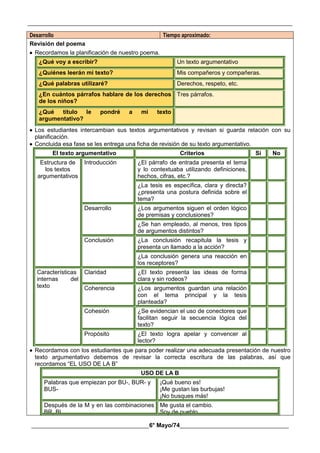 __________________________________________________________________________________________
________________________________________6° Mayo/74_____________________________________
Desarrollo Tiempo aproximado:
Revisión del poema
 Recordamos la planificación de nuestro poema.
¿Qué voy a escribir? Un texto argumentativo
¿Quiénes leerán mi texto? Mis compañeros y compañeras.
¿Qué palabras utilizaré? Derechos, respeto, etc.
¿En cuántos párrafos hablare de los derechos
de los niños?
Tres párrafos.
¿Qué título le pondré a mi texto
argumentativo?
 Los estudiantes intercambian sus textos argumentativos y revisan si guarda relación con su
planificación.
 Concluida esa fase se les entrega una ficha de revisión de su texto argumentativo.
El texto argumentativo Criterios Si No
Estructura de
los textos
argumentativos
Introducción ¿El párrafo de entrada presenta el tema
y lo contextuaba utilizando definiciones,
hechos, cifras, etc.?
¿La tesis es específica, clara y directa?
¿presenta una postura definida sobre el
tema?
Desarrollo ¿Los argumentos siguen el orden lógico
de premisas y conclusiones?
¿Se han empleado, al menos, tres tipos
de argumentos distintos?
Conclusión ¿La conclusión recapitula la tesis y
presenta un llamado a la acción?
¿La conclusión genera una reacción en
los receptores?
Características
internas del
texto
Claridad ¿El texto presenta las ideas de forma
clara y sin rodeos?
Coherencia ¿Los argumentos guardan una relación
con el tema principal y la tesis
planteada?
Cohesión ¿Se evidencian el uso de conectores que
facilitan seguir la secuencia lógica del
texto?
Propósito ¿El texto logra apelar y convencer al
lector?
 Recordamos con los estudiantes que para poder realizar una adecuada presentación de nuestro
texto argumentativo debemos de revisar la correcta escritura de las palabras, así que
recordamos “EL USO DE LA B”
USO DE LA B
Palabras que empiezan por BU-, BUR- y
BUS-
¡Qué bueno es!
¡Me gustan las burbujas!
¡No busques más!
Después de la M y en las combinaciones
BR, BL.
Me gusta el cambio.
Soy de pueblo
 