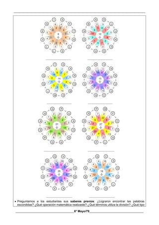 __________________________________________________________________________________________
________________________________________6° Mayo/79_____________________________________
 Preguntamos a los estudiantes sus saberes previos: ¿Lograron encontrar las palabras
escondidas? ¿Qué operación matemática realizaste? ¿Qué términos utiliza la división? ¿Qué tipo
 