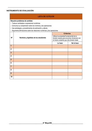 __________________________________________________________________________________________
________________________________________6° Mayo/84_____________________________________
INSTRUMENTO DE EVALUACIÓN
LISTA DE COTEJOS
Resuelve problemas de cantidad.
- Traduce cantidades a expresiones numéricas.
- Comunica su comprensión sobre los números y las operaciones
- Usa estrategias y procedimientos de estimación y cálculo.
- Argumenta afirmaciones sobre las relaciones numéricas y las operaciones
Nº Nombres y Apellidos de los estudiantes
Criterios
Utilizar la propiedad fundamental de la
división exacta para encontrar divisiones con
el mismo cociente que otra división dada
Lo hace No lo hace
1
2
3
4
5
6
7
8
9
10
 