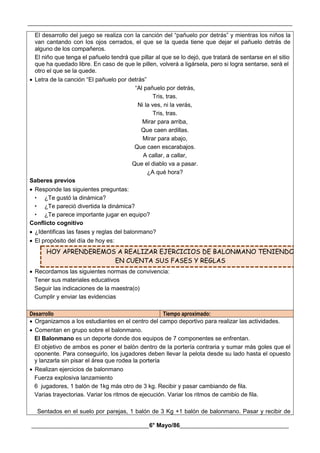 __________________________________________________________________________________________
________________________________________6° Mayo/86_____________________________________
El desarrollo del juego se realiza con la canción del “pañuelo por detrás” y mientras los niños la
van cantando con los ojos cerrados, el que se la queda tiene que dejar el pañuelo detrás de
alguno de los compañeros.
El niño que tenga el pañuelo tendrá que pillar al que se lo dejó, que tratará de sentarse en el sitio
que ha quedado libre. En caso de que le pillen, volverá a ligársela, pero si logra sentarse, será el
otro el que se la quede.
 Letra de la canción “El pañuelo por detrás”
“Al pañuelo por detrás,
Tris, tras.
Ni la ves, ni la verás,
Tris, tras.
Mirar para arriba,
Que caen ardillas.
Mirar para abajo,
Que caen escarabajos.
A callar, a callar,
Que el diablo va a pasar.
¿A qué hora?
Saberes previos
 Responde las siguientes preguntas:
• ¿Te gustó la dinámica?
• ¿Te pareció divertida la dinámica?
• ¿Te parece importante jugar en equipo?
Conflicto cognitivo
 ¿Identificas las fases y reglas del balonmano?
 El propósito del día de hoy es:
HOY APRENDEREMOS A REALIZAR EJERCICIOS DE BALONMANO TENIENDO
EN CUENTA SUS FASES Y REGLAS
 Recordamos las siguientes normas de convivencia:
Tener sus materiales educativos
Seguir las indicaciones de la maestra(o)
Cumplir y enviar las evidencias
Desarrollo Tiempo aproximado:
 Organizamos a los estudiantes en el centro del campo deportivo para realizar las actividades.
 Comentan en grupo sobre el balonmano.
El Balonmano es un deporte donde dos equipos de 7 componentes se enfrentan.
El objetivo de ambos es poner el balón dentro de la portería contraria y sumar más goles que el
oponente. Para conseguirlo, los jugadores deben llevar la pelota desde su lado hasta el opuesto
y lanzarla sin pisar el área que rodea la portería
 Realizan ejercicios de balonmano
Fuerza explosiva lanzamiento
6 jugadores, 1 balón de 1kg más otro de 3 kg. Recibir y pasar cambiando de fila.
Varias trayectorias. Variar los ritmos de ejecución. Variar los ritmos de cambio de fila.
Sentados en el suelo por parejas, 1 balón de 3 Kg +1 balón de balonmano. Pasar y recibir de
 