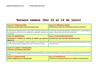 Unidad De Aprendizaje Nº 03/ 2024 6º Grado de Educación Primaria
Sesión 27: COMUNICACIÓN
Conocemos la diversidad cultural de nuestro Perú
Sesión 28: PERSONAL SOCIAL
Identificamos los tipos de contaminación que hay en nuestra IE
En esta sesión los estudiantes leerán un texto sobre la diversidad cultural en el
Perú relacionado a la herencia de los antepasados y responderán preguntas de
comprensión.
En esta sesión los estudiantes definirán el problema de su I.E. e identificarán sus
causas y consecuencias a partir del árbol de problemas.
Sesión 29: MATEMÁTICA
Conocemos la cantidad de residuos de sólidos que generan
algunas I.E.
Sesión 30: EDUCACIÓN RELIGIOSA
Reconocemos a San José como ejemplo de padre
En esta sesión los estudiantes resolverán problemas de multiplicación de
decimales usando algunas estrategias para calcular la cantidad de residuos.
En esta sesión los estudiantes leerán acerca de la vida de José para reflexionar sobre
su ejemplo de vida.
Sesión 31: CIENCIA Y TECNOLOGIA.
Conocemos los beneficios de reciclar
En esta sesión los estudiantes analizarán fuentes confiables sobre hábitos y costumbres de la población al arrojar los desechos y el impacto que esto tiene en la forma
de vivir.
Sesión 32: COMUNICACIÓN
Leemos caligramas por el día del padre
Sesión 33: MATEMATICA
Conocemos el tiempo que demoran los residuos en descomponerse
 