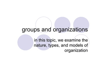 groups and organizations in this topic, we examine the nature, types, and models of organization 