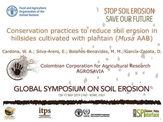 Conservation practices to reduce soil erosion in
hillsides cultivated with plantain (Musa AAB)
Cardona, W. A.; Silva-Arero, E.; Bolaños-Benavides, M. M.; García-Zapata, D.
Colombian Corporation for Agricultural Research
AGROSAVIA
1
 