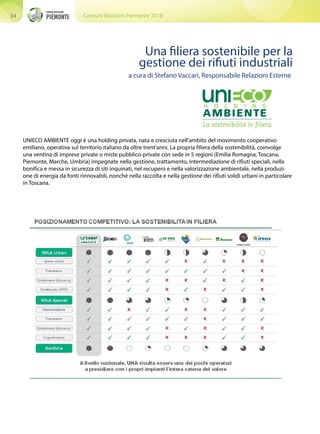 Comuni Ricicloni Piemonte 201834
UNIECO AMBIENTE oggi è una holding privata, nata e cresciuta nell’ambito del movimento cooperativo
emiliano, operativa sul territorio italiano da oltre trent’anni. La propria filiera della sostenibilità, coinvolge
una ventina di imprese private o miste pubblico-private con sede in 5 regioni (Emilia Romagna, Toscana,
Piemonte, Marche, Umbria) impegnate nella gestione, trattamento, intermediazione di rifiuti speciali, nella
bonifica e messa in sicurezza di siti inquinati, nel recupero e nella valorizzazione ambientale, nella produzi-
one di energia da fonti rinnovabili, nonché nella raccolta e nella gestione dei rifiuti solidi urbani in particolare
in Toscana.
Una filiera sostenibile per la
gestione dei rifiuti industriali
a cura di Stefano Vaccari, Responsabile Relazioni Esterne
 