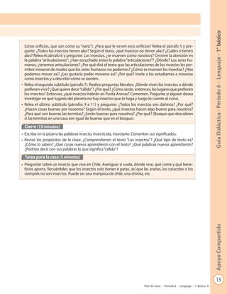 15
GuíaDidáctica-Período6-Lenguaje-1°básicoApoyoCompartido
Plan de clase - Período 6 - Lenguaje - 1º Básico
(Unos orificios, que son como su “nariz”). ¿Para qué le sirven esos orificios? Relea el párrafo 5 y pre-
gunte: ¿Todos los insectos tienen alas? Según el texto, ¿qué insectos no tienen alas? ¿Cuáles sí tienen
alas? Relea el párrafo 6 y pregunte: Los insectos, ¿se mueven como nosotros? Centren la atención en
la palabra “articulaciones”: ¿Han escuchado antes la palabra “articulaciones”? ¿Dónde? Los seres hu-
manos, ¿tenemos articulaciones? ¿Por qué dirá el texto que las articulaciones de los insectos les per-
miten moverse de modos que los seres humanos no podemos? ¿Cómo se mueven los insectos? ¿Nos
podemos mover así? ¿Les gustaría poder moverse así? ¿Por qué? Invite a los estudiantes a moverse
como insectos y a describir cómo se sienten.
• Relea el segundo subtítulo (párrafo 7). Realice preguntas literales: ¿Dónde viven los insectos o dónde
prefieren vivir? ¿Qué quiere decir“cálido”? ¿Por qué? ¿Cómo serán, entonces, los lugares que prefieren
los insectos? Entonces, ¿qué insectos habrán en Punta Arenas? Comenten. Pregunte si alguien desea
investigar en qué lugares del planeta no hay insectos que lo haga y luego lo cuente al curso.
• Relea el último subtítulo (párrafos 9 a 11) y pregunte: ¿Todos los insectos son dañinos? ¿Por qué?
¿Hacen cosas buenas por nosotros? Según el texto, ¿qué insectos hacen algo bueno para nosotros?
¿Para qué son buenas las termitas? ¿Serán buenas para nosotros? ¿Por qué? (Busque que descubran
si las termitas en una casa son igual de buenas que en el bosque).
Cierre (15 minutos)
• Escriba en la pizarra las palabras insecto, insecticida, insectario. Comenten sus significados.
• Revise los propósitos de la clase: ¿Comprendieron el texto “Los insectos”? ¿Qué tipo de texto es?
¿Cómo lo saben? ¿Qué cosas nuevas aprendieron con el texto? ¿Qué palabras nuevas aprendieron?
¿Podrían decir con sus palabras lo que significa“cálido”?
Tarea para la casa (5 minutos)
• Preguntar sobre un insecto que viva en Chile. Averiguar si vuela, dónde vive, qué come y qué bene-
ficios aporta. Recuérdeles que los insectos solo tienen 6 patas, así que las arañas, los caracoles o los
ciempiés no son insectos. Puede ser una mariposa de chile, una chinita, etc.
 