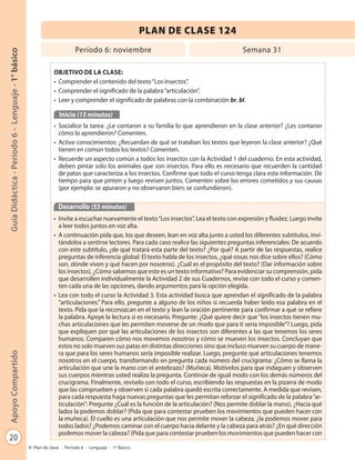 20
GuíaDidáctica-Período6-Lenguaje-1°básicoApoyoCompartido
Plan de clase - Período 6 - Lenguaje - 1º Básico
PLAN DE CLASE 124
Período 6: noviembre Semana 31
OBJETIVO DE LA CLASE:
• Comprender el contenido del texto“Los insectos”.
• Comprender el significado de la palabra“articulación”.
• Leer y comprender el significado de palabras con la combinación br, bl.
Inicio (15 minutos)
• Socialice la tarea: ¿Le contaron a su familia lo que aprendieron en la clase anterior? ¿Les contaron
cómo lo aprendieron? Comenten.
• Active conocimientos: ¿Recuerdan de qué se trataban los textos que leyeron la clase anterior? ¿Qué
tienen en común todos los textos? Comenten.
• Recuerde un aspecto común a todos los insectos con la Actividad 1 del cuaderno. En esta actividad,
deben pintar solo los animales que son insectos. Para ello es necesario que recuerden la cantidad
de patas que caracteriza a los insectos. Confirme que todo el curso tenga clara esta información. Dé
tiempo para que pinten y luego revisen juntos. Comenten sobre los errores cometidos y sus causas
(por ejemplo: se apuraron y no observaron bien; se confundieron).
Desarrollo (55 minutos)
• Invite a escuchar nuevamente el texto“Los insectos”. Lea el texto con expresión y fluidez. Luego invite
a leer todos juntos en voz alta.
• A continuación pida que, los que deseen, lean en voz alta junto a usted los diferentes subtítulos, invi-
tándolos a sentirse lectores. Para cada caso realice las siguientes preguntas inferenciales: De acuerdo
con este subtítulo, ¿de qué tratará esta parte del texto? ¿Por qué? A partir de las respuestas, realice
preguntas de inferencia global: El texto habla de los insectos, ¿qué cosas nos dice sobre ellos? (Cómo
son, dónde viven y qué hacen por nosotros). ¿Cuál es el propósito del texto? (Dar información sobre
los insectos). ¿Cómo sabemos que este es un texto informativo? Para evidenciar su comprensión, pida
que desarrollen individualmente la Actividad 2 de sus Cuadernos, revise con todo el curso y comen-
ten cada una de las opciones, dando argumentos para la opción elegida.
• Lea con todo el curso la Actividad 3. Esta actividad busca que aprendan el significado de la palabra
“articulaciones.” Para ello, pregunte a alguno de los niños si recuerda haber leído esa palabra en el
texto. Pida que la reconozcan en el texto y lean la oración pertinente para confirmar a qué se refiere
la palabra. Apoye la lectura si es necesario. Pregunte: ¿Qué quiere decir que“los insectos tienen mu-
chas articulaciones que les permiten moverse de un modo que para ti sería imposible”? Luego, pida
que expliquen por qué las articulaciones de los insectos son diferentes a las que tenemos los seres
humanos. Comparen cómo nos movemos nosotros y cómo se mueven los insectos. Concluyan que
estos no solo mueven sus patas en distintas direcciones sino que incluso mueven su cuerpo de mane-
ra que para los seres humanos sería imposible realizar. Luego, pregunte qué articulaciones tenemos
nosotros en el cuerpo, transformando en pregunta cada número del crucigrama: ¿Cómo se llama la
articulación que une la mano con el antebrazo? (Muñeca). Motívelos para que indaguen y observen
sus cuerpos mientras usted realiza la pregunta. Continúe de igual modo con los demás números del
crucigrama. Finalmente, revíselo con todo el curso, escribiendo las respuestas en la pizarra de modo
que las comprueben y observen si cada palabra quedó escrita correctamente. A medida que revisen,
para cada respuesta haga nuevas preguntas que les permitan reforzar el significado de la palabra“ar-
ticulación”: Pregunte ¿Cuál es la función de la articulación? (Nos permite doblar la mano), ¿Hacia qué
lados la podemos doblar? (Pida que para contestar prueben los movimientos que pueden hacer con
la muñeca). El cuello es una articulación que nos permite mover la cabeza, ¿la podemos mover para
todos lados? ¿Podemos caminar con el cuerpo hacia delante y la cabeza para atrás? ¿En qué dirección
podemos mover la cabeza? (Pida que para contestar prueben los movimientos que pueden hacer con
 