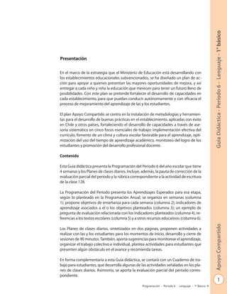 1
GuíaDidáctica-Período6-Lenguaje-1°básicoApoyoCompartido
Programación - Período 6 - Lenguaje - 1º Básico
Presentación
En el marco de la estrategia que el Ministerio de Educación está desarrollando con
los establecimientos educacionales subvencionados, se ha diseñado un plan de ac-
ción para apoyar a quienes presentan las mayores oportunidades de mejora, y así
entregar a cada niño y niña la educación que merecen para tener un futuro lleno de
posibilidades. Con este plan se pretende fortalecer el desarrollo de capacidades en
cada establecimiento, para que puedan conducir autónomamente y con eficacia el
proceso de mejoramiento del aprendizaje de las y los estudiantes.
El plan Apoyo Compartido se centra en la instalación de metodologías y herramien-
tas para el desarrollo de buenas prácticas en el establecimiento, aplicadas con éxito
en Chile y otros países, fortaleciendo el desarrollo de capacidades a través de ase-
soría sistemática en cinco focos esenciales de trabajo: implementación efectiva del
currículo, fomento de un clima y cultura escolar favorable para el aprendizaje, opti-
mización del uso del tiempo de aprendizaje académico, monitoreo del logro de los
estudiantes y promoción del desarrollo profesional docente.
Contenido
Esta Guía didáctica presenta la Programación del Período 6 del año escolar que tiene
4 semanas y los Planes de clases diarios. Incluye, además, la pauta de corrección de la
evaluación parcial del período y la rúbrica correspondiente a la actividad de escritura
de la clase 128.
La Programación del Período presenta los Aprendizajes Esperados para esa etapa,
según lo planteado en la Programación Anual; se organiza en semanas (columna
1); propone objetivos de enseñanza para cada semana (columna 2); indicadores de
aprendizaje asociados a el o los objetivos planteados (columna 3); un ejemplo de
pregunta de evaluación relacionada con los indicadores planteados (columna 4), re-
ferencias a los textos escolares (columna 5) y a otros recursos educativos (columna 6).
Los Planes de clases diarios, sintetizados en dos páginas, proponen actividades a
realizar con las y los estudiantes para los momentos de inicio, desarrollo y cierre de
sesiones de 90 minutos.También, aporta sugerencias para monitorear el aprendizaje,
organizar el trabajo colectivo e individual, plantea actividades para estudiantes que
presenten algún obstáculo en el avance y recomienda tareas.
En forma complementaria a esta Guía didáctica, se contará con un Cuaderno de tra-
bajo para estudiantes, que desarrolla algunas de las actividades señaladas en los pla-
nes de clases diarios. Asimismo, se aporta la evaluación parcial del período corres-
pondiente.
 