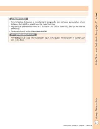 33
GuíaDidáctica-Período6-Lenguaje-1°básicoApoyoCompartido
Plan de clase - Período 6 - Lenguaje - 1º Básico
Cierre (15 minutos)
• Termine la clase destacando la importancia de comprender bien los textos que escuchan o leen.
Socialicen distintas ideas para comprender mejor los textos.
• Pregunte qué aprendieron a través de la lectura de cada uno de los textos y para qué les sirve ese
aprendizaje.
• Destaque su interés en las actividades realizadas.
Tarea para la casa (5 minutos)
• Actividad opcional: buscar información sobre algún animal que les interese y sobre el cual no hayan
leído en las clases.
 