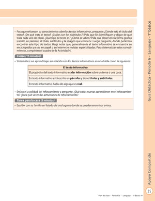 35
GuíaDidáctica-Período6-Lenguaje-1°básicoApoyoCompartido
Plan de clase - Período 6 - Lenguaje - 1º Básico
• Para que refuercen su conocimiento sobre los textos informativos, pregunte: ¿Dónde está el título del
texto? ¿De qué trata el texto? ¿Cuáles son los subtítulos? (Pida que los identifiquen y digan de qué
trata cada uno de ellos). ¿Qué tipo de texto es? ¿Cómo lo saben? Pida que observen su forma gráfica
(escrito en párrafo), el título, subtítulos y la imagen que contiene. Luego pregunte, dónde podemos
encontrar este tipo de textos. Haga notar que, generalmente el texto informativo se encuentra en
enciclopedias ya sea en papel o en Internet o revistas especializadas. Para sistematizar estos conoci-
mientos, completen el cuadro de la Actividad 4.
Cierre (15 minutos)
• Sistematice sus aprendizajes en relación con los textos informativos en una tabla como la siguiente:
• Enfatice la utilidad del reforzamiento y pregunte: ¿Qué cosas nuevas aprendieron en el reforzamien-
to? ¿Para qué sirven las actividades de reforzamiento?
Tarea para la casa (5 minutos)
• Escribir con su familia un listado de tres lugares donde se pueden encontrar avisos.
El texto informativo
El propósito del texto informativo es dar información sobre un tema o una cosa.
En texto informativo está escrito en párrafos y tiene títulos y subtítulos.
En texto informativo habla de algo que es real.
 