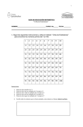 1
GUÍA DE EDUCACIÓN MATEMÁTICA
“ Criba de Eratóstenes”
NOMBRE_____________________________________ CURSO: 6to______ FECHA _________
I.- Sigue las siguientes instrucciones y utiliza el método “ Criba de Eratóstenes”
para encontrar los números primos del 1 al 100.
1 2 3 4 5 6 7 8 9 10
11 12 13 14 15 16 17 18 19 20
21 22 23 24 25 26 27 28 29 30
31 32 33 34 35 36 37 38 39 40
41 42 43 44 45 46 47 48 49 50
51 52 53 54 55 56 57 58 59 60
61 62 63 64 65 66 67 68 69 70
71 72 73 74 75 76 77 78 79 80
81 82 83 84 85 86 87 88 89 90
91 92 93 94 95 96 97 98 99 100
Instrucciones
1- Pinta de color amarillo el n° 1
2- Pinta de color rojo los múltiplos de 2 excepto el 2
3- Pinta de color verde los múltiplos de 3 excepto el 3
4- Pinta de color azul los múltiplos de 5 excepto el 5
5- Pinta de color negro los múltiplos de 7 excepto el 7
6- Escribe todos los números que no fueron pintados, estos números se llaman números primos.
 