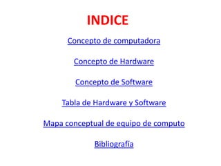 INDICE
      Concepto de computadora

       Concepto de Hardware

        Concepto de Software

    Tabla de Hardware y Software

Mapa conceptual de equipo de computo

             Bibliografía
 