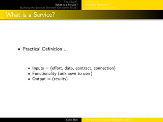 ”The Cloud”
What is a Service?
Building the Services Oriented Enterprise (SOE)
Deﬁnitions
Practical Deﬁnition
Graphical Representation
What is a Service?
Practical Deﬁnition ...
Inputs = (eﬀort, data, contract, connection)
Functionality (unknown to user)
Output = (results)
Colin Bell The Service Oriented Enterprise (SOE)
 