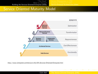 ”The Cloud”
What is a Service?
Building the Services Oriented Enterprise (SOE)
Service Management w/ ITIL
Enterprise Architecture (EA)
Service-Oriented Architectures (SOA)
Service Oriented Maturity Model
http://www.enterprise-architecture.info/EA Services-Oriented-Enterprise.htm
Colin Bell The Service Oriented Enterprise (SOE)
 