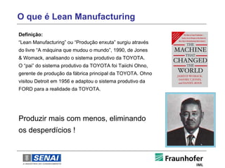 O que é Lean Manufacturing
Definição:
“Lean Manufacturing” ou “Produção enxuta” surgiu através
do livre “A máquina que mudou o mundo”, 1990, de Jones
& Womack, analisando o sistema produtivo da TOYOTA.
O “pai” do sistema produtivo da TOYOTA foi Taiichi Ohno,
gerente de produção da fábrica principal da TOYOTA. Ohno
visitou Detroit em 1956 e adaptou o sistema produtivo da
FORD para a realidade da TOYOTA.




Produzir mais com menos, eliminando
os desperdícios !
 