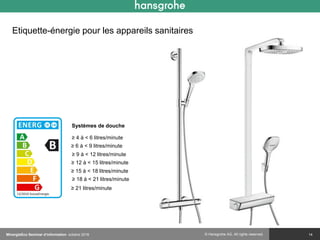 © Hansgrohe AG. All rights reserved.
Etiquette-énergie pour les appareils sanitaires
14
≥ 4 à < 6 litres/minute
Systèmes de douche
≥ 6 à < 9 litres/minute
≥ 9 à < 12 litres/minute
≥ 12 à < 15 litres/minute
≥ 15 à < 18 litres/minute
≥ 18 à < 21 litres/minute
≥ 21 litres/minute
MinergieEco Seminar d‘information octobre 2016
 