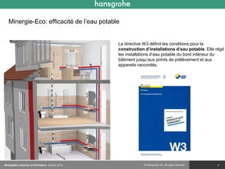 © Hansgrohe AG. All rights reserved.
Minergie-Eco: efficacité de l’eau potable
4
La directive W3 définit les conditions pour la
construction d’installations d’eau potable. Elle régit
les installations d’eau potable du bord intérieur du
bâtiment jusqu’aux points de prélèvement et aux
appareils raccordés.
MinergieEco Seminar d‘information octobre 2016
 